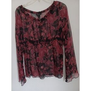 Express Womens Black Burgundy floral Sheer Beaded Long Bell Sleeve Sz Small Top